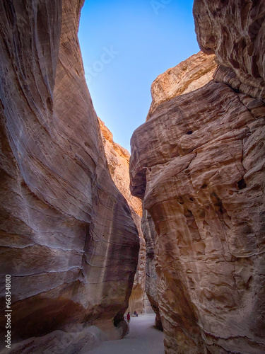 Siq Canyon on the way to historic and archaeological city of Petra in Jordan