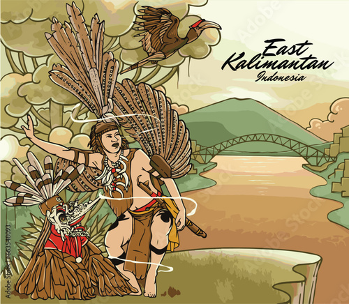 Dayak Tribe of East Kalimantan Culture with city background vector EPS10
