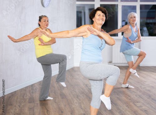 Three elderly women are learning sports Latin American dances in studio class. Joint pastime, active hobby