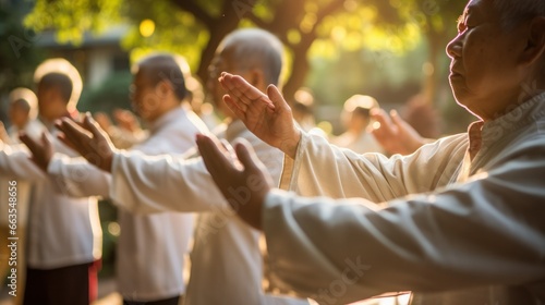 In the peaceful aura of the morning, a group of elderly individuals practices Tai Chi in unison, reflecting a harmonious start to their day. photo