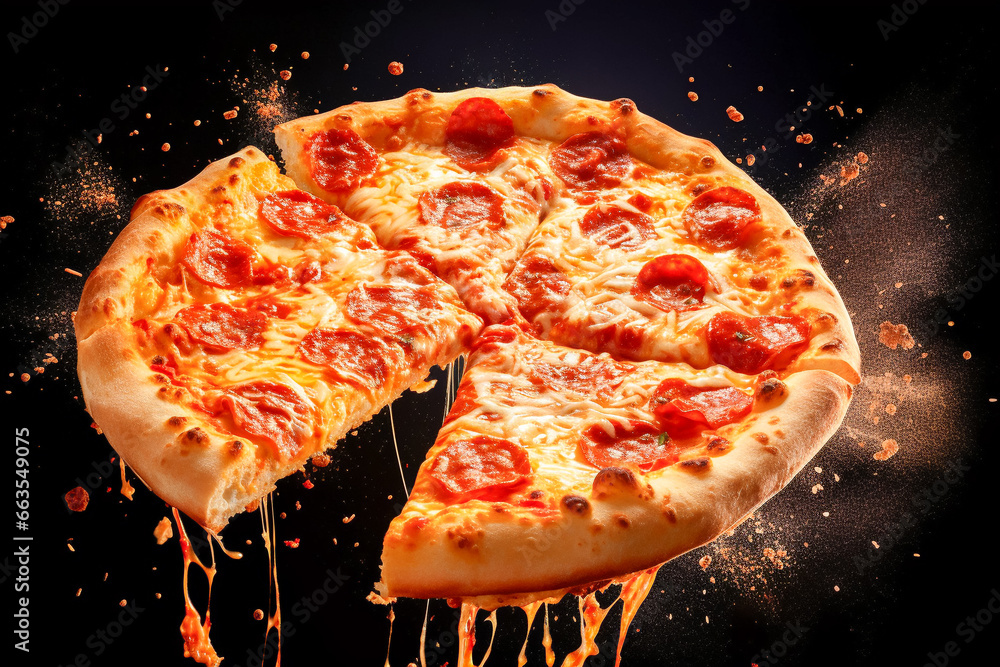 A delicious looking pepperoni pizza bounces. Stringy cheese. Artistic, sizzling, juicy cheese pizza ad image with cheese splattered and bursting. - obrazy, fototapety, plakaty 