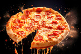 A delicious looking pepperoni pizza bounces. Stringy cheese. Artistic, sizzling, juicy cheese pizza ad image with cheese splattered and bursting.