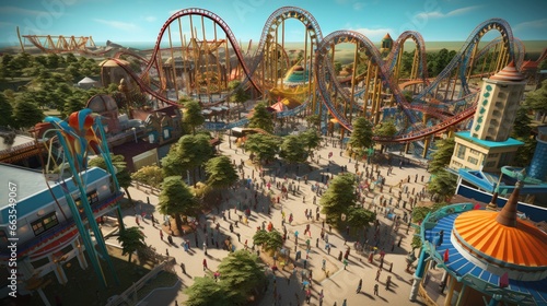 highly detailed, lifelike aerial perspective of a bustling amusement park with roller coasters and carnival rides generative ai
