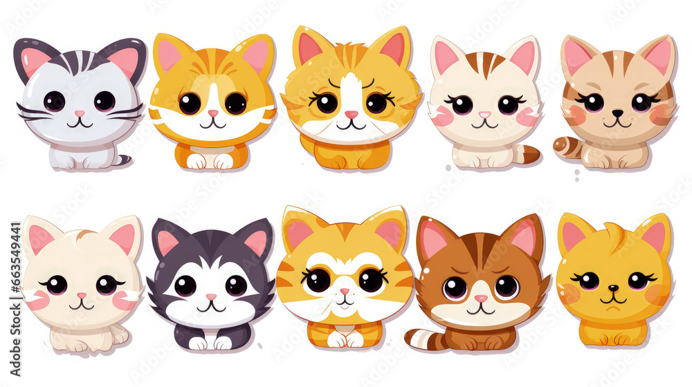 Variety of cute cat stickers featuring different cat breeds. Cat portraits on a clean background. Variety of cute cat stickers featuring different cat breeds. Cat portraits on a clean background.