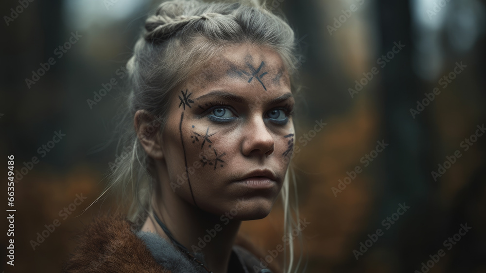 Warrior viking woman. He has Norse runes and war paint on his face