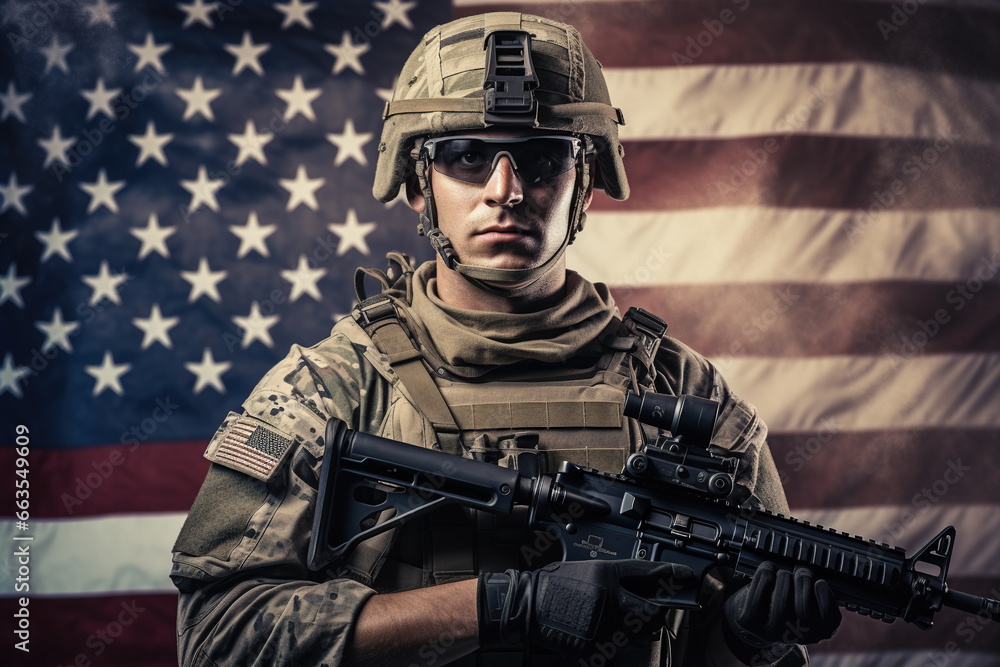 american soldier with machine gun stands in front of the american flag, flag usa, america, american, soldier weapon american soldier with machine gun stands in front of the american flag, flag usa, america, american, soldier weapon