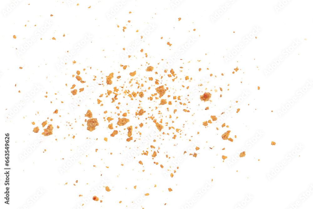 Pile cake crumbs, cookie pieces flying isolated on white, clipping path - obrazy, fototapety, plakaty 