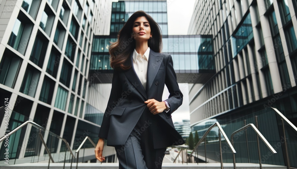 Photo of a Hispanic professional woman dressed in a chic business suit, stepping out from a contemporary high-rise in the heart of the city. Photo of a Hispanic professional woman dressed in a chic business suit, stepping out from a contemporary high-rise in the heart of the city.