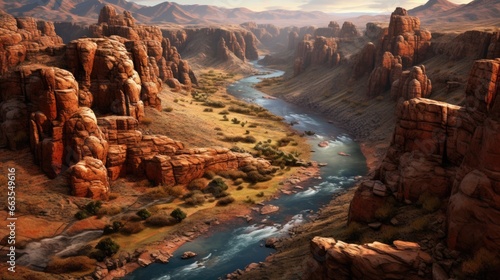highly detailed  lifelike aerial perspective from a majestic canyon s edge with rugged rock formations and a winding river below generative ai