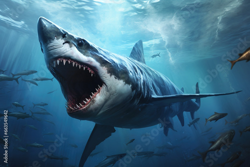 Adult great shark with a large mouth and many sharp teeth underwater  swimming on the hunt  fictional place and shark species