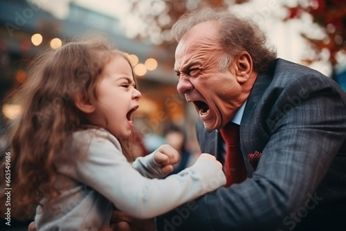 old man in a suit has a fight with a child, father and daughter or strangers meet on the street, angry and furious, shouting and insulting loudly, girl against man photo