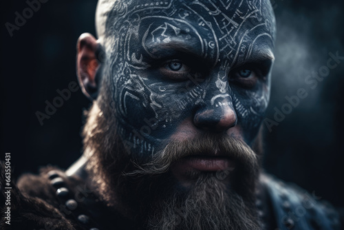 Scandinavian viking warrior. Blue war paints and Scandinavian symbols and runes on his face. Depth of field in the background.