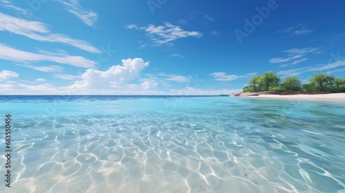 beach with crystal-clear waters against a clear blue sky generative ai
