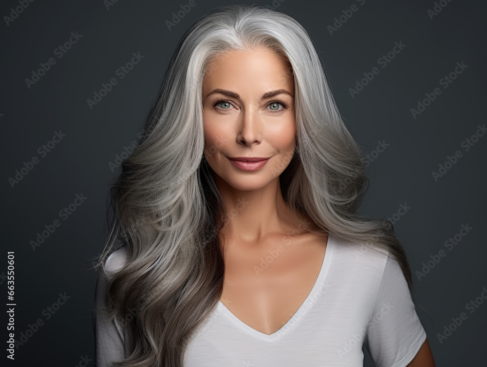 Fototapeta premium Portrait of a beautiful woman with smooth healthy face skin. Gorgeous aging mature confident woman with long gray hair and happy smiling. Beauty and cosmetics skincare advertising concept.