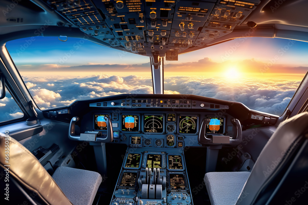 cockpit of a passenger plane airplane interior, pilot seat pilot windshield during flight in the sky above the clouds	 - obrazy, fototapety, plakaty 