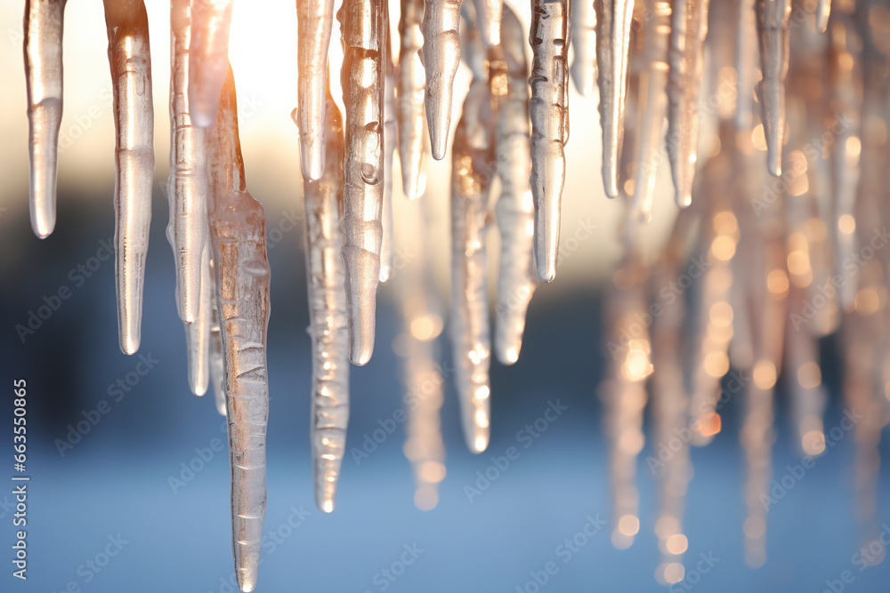 Crystal-clear icicles hanging against a wintry backdrop