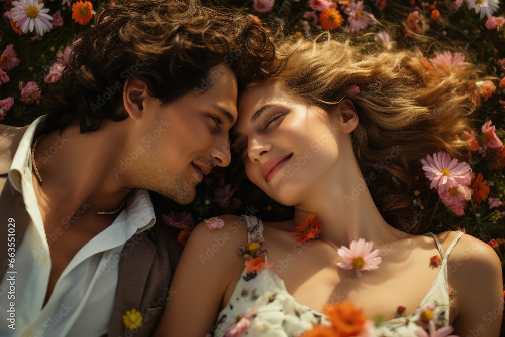 A young man and woman, deeply in love, lie in a beautiful flowers field on a grassy meadow, their heads close together as they share heartfelt smiles amid the blossoms.