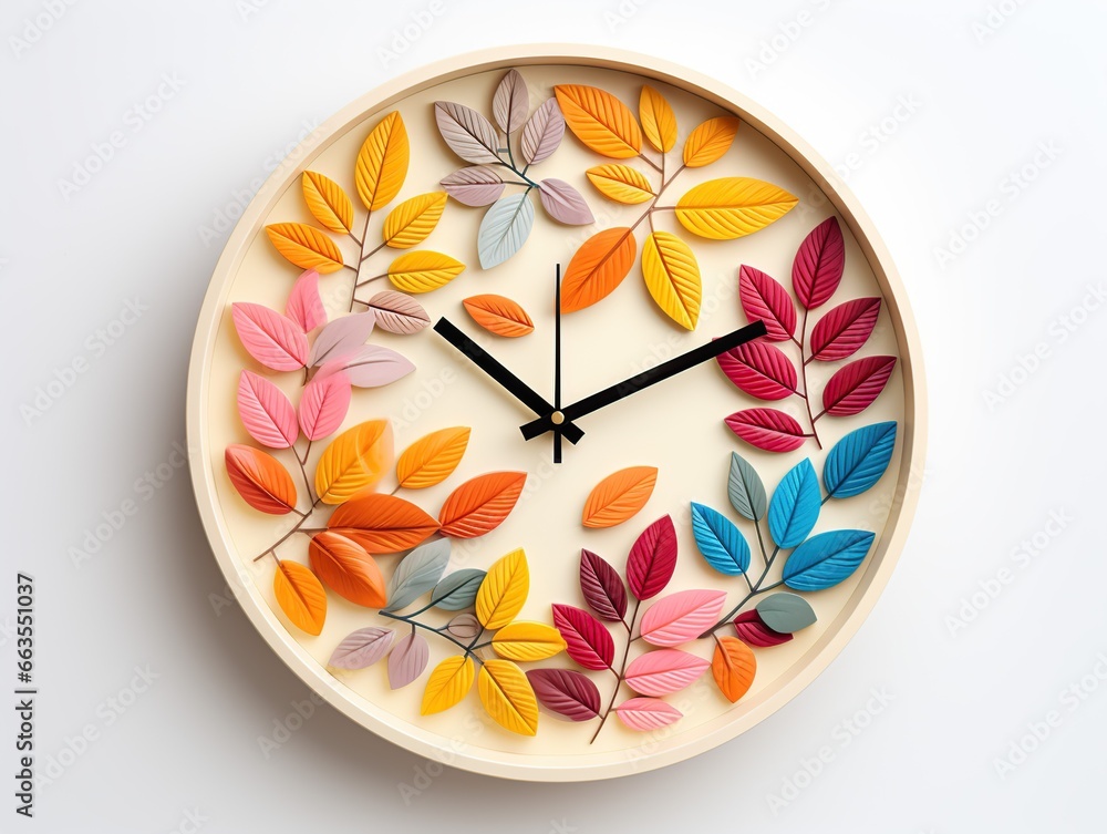 Flat lay centered clock with colorful leaves, Generative AI Flat lay centered clock with colorful leaves, Generative AI