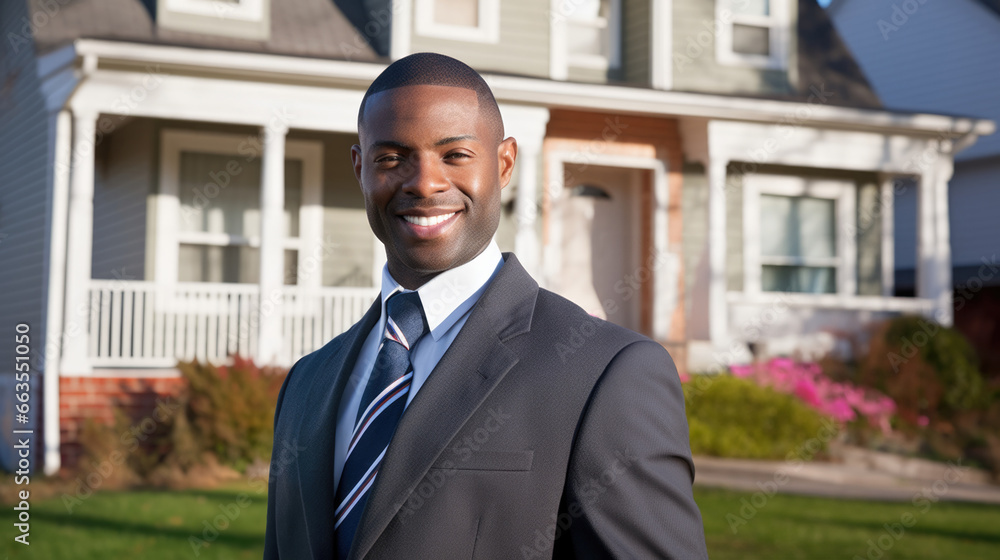 real estate agent in front of a suburban house generative ai