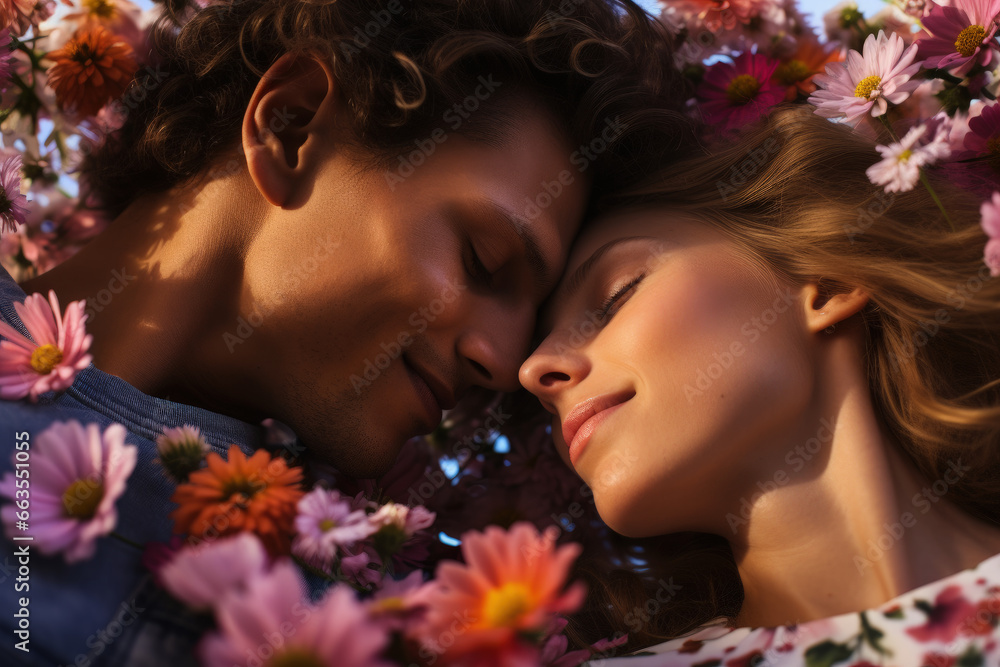 A young man and woman, deeply in love, lie in a beautiful flowers field on a grassy meadow, their heads close together as they share heartfelt smiles amid the blossoms. A young man and woman, deeply in love, lie in a beautiful flowers field on a grassy meadow, their heads close together as they share heartfelt smiles amid the blossoms.
