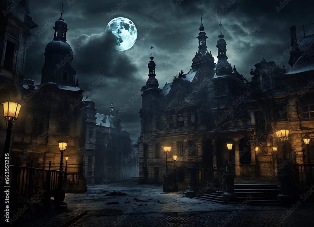 Scary old town at night with moon. Halloween concept. 3D rendering