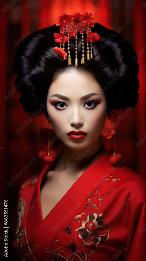Portrait of a beautiful geisha in a red kimono Portrait of a beautiful geisha in a red kimono