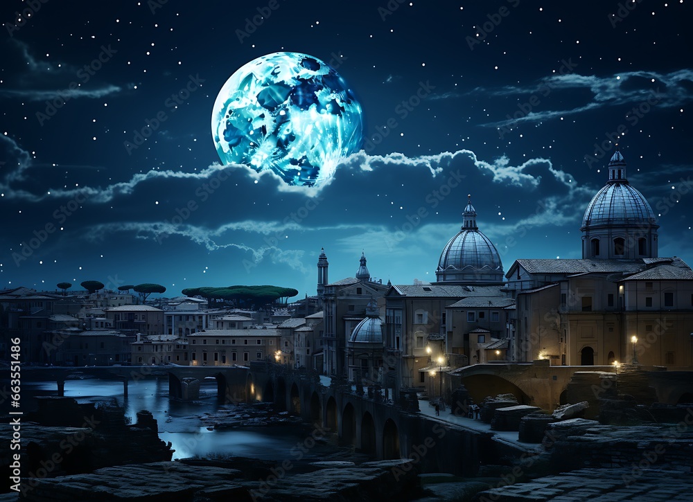 Night cityscape with moon and stars above Rome, Italy. 3D rendering