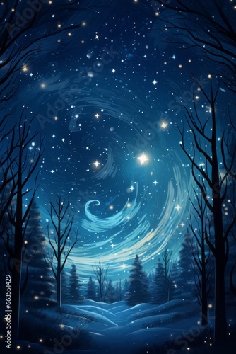Starry night over a forest. Fantasy landscape.