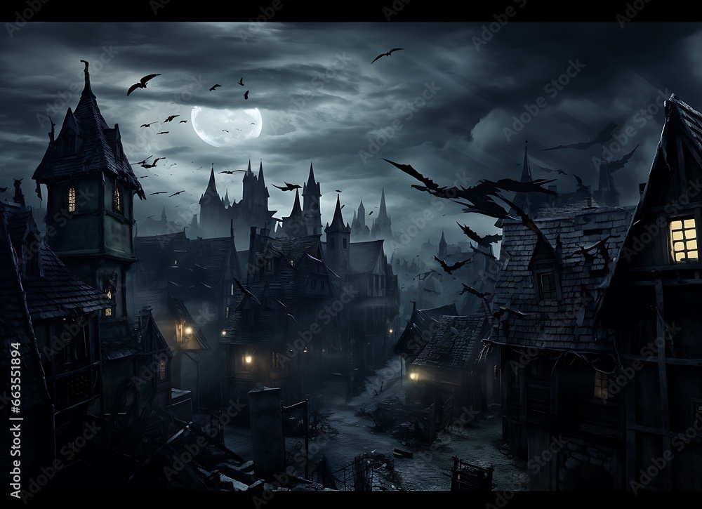 Halloween background with haunted castle and bats flying in the night sky