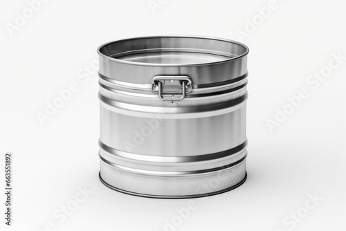 Silver plastic barrel on white backdrop, 3D render. Generative AI