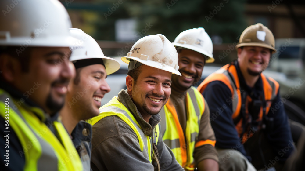 A group of construction workers smile while collaborating on a project. A group of construction workers smile while collaborating on a project.