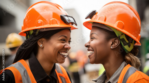 Two female construction workers smile while collaborating on a project.