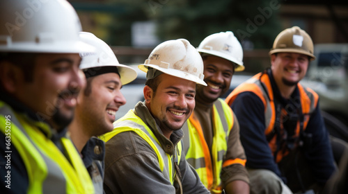 A group of construction workers smile while collaborating on a project.