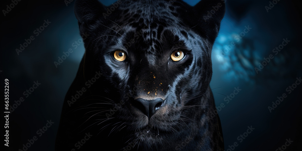 This striking image showcases a Panther in a front view against a black backdrop. Copy Space This striking image showcases a Panther in a front view against a black backdrop. Copy Space