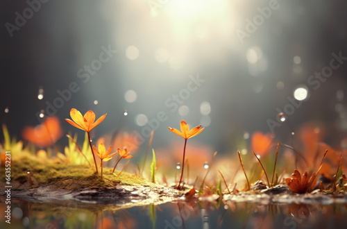 Fall season background, young sprouts growing on wet moss tree under rain drops and autumnal sun - Autumn seasonal magical ambience