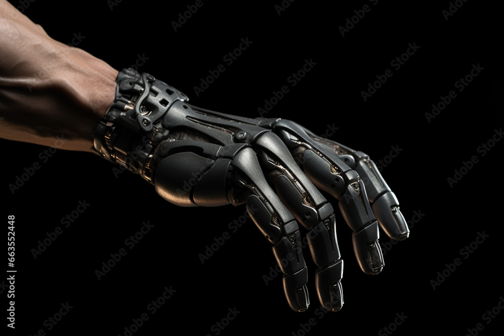 robotic hand in black dark color, closeup, metallic	