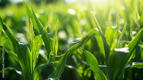 A close-up of lush green biofuel crops, such as corn or sugarcane, used for sustainable energy.
