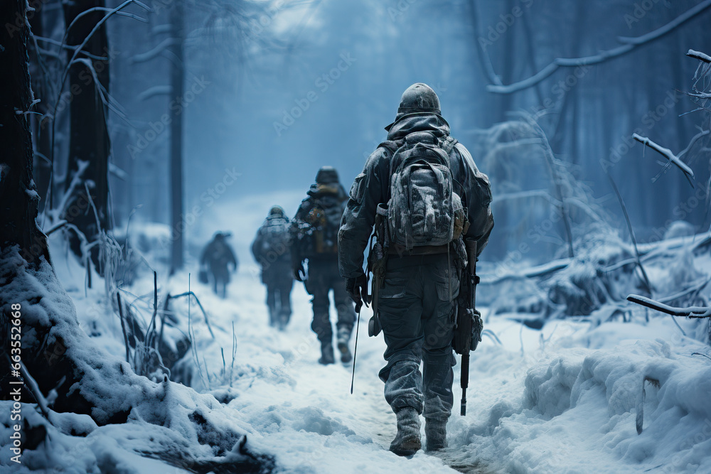 Dejected tired soldiers in full uniform with weapons and backpacks wander along the path in the winter forest - obrazy, fototapety, plakaty 