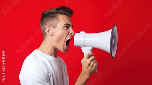Young man shouting with megaphone in front of red background