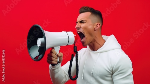 Young man shouting with megaphone in front of red background