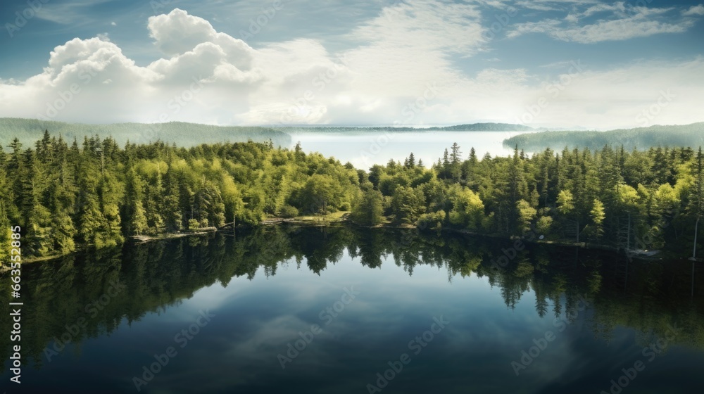 serene lake surrounded by dense forest generative ai