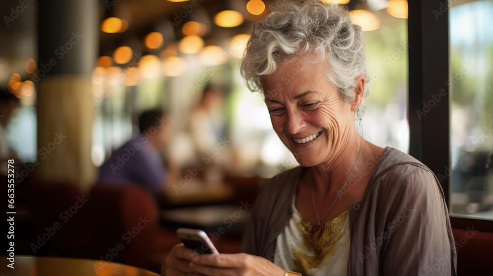 This portrait features a joyful 60-year-old woman with her smartphone, showcasing her tech-savvy nature.