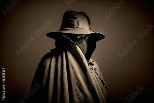 Incognito spy in retro hat and hidden face photo