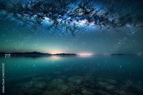 Starry night above sea with water reflecting the magical galaxy. Generative AI