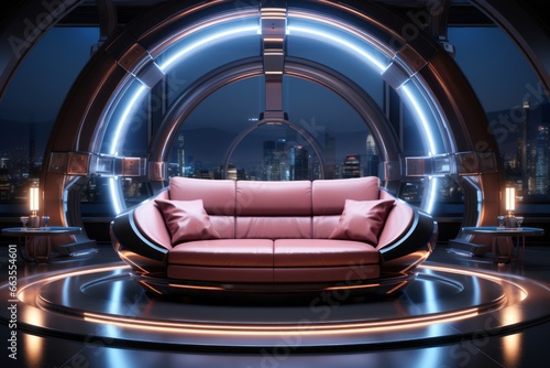 futuristic living room space with neons and sofa