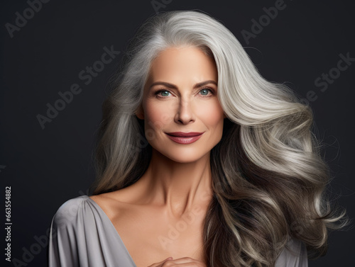 Portrait of a beautiful woman with smooth healthy face skin. Gorgeous aging mature confident woman with long gray hair and happy smiling. Beauty and cosmetics skincare advertising concept.