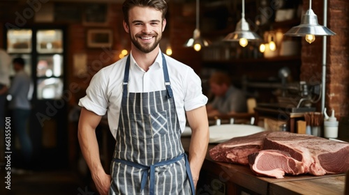 A butcher man smilingly in his shop photo