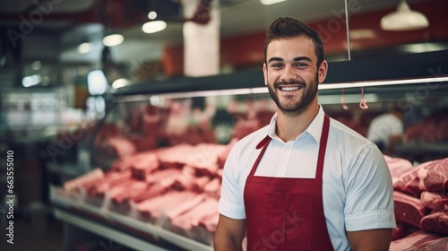 A butcher man smilingly in his shop photo