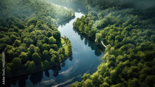 true-to-life aerial view from a tranquil lakeside with a mirrored reflection of the surrounding forest generative ai