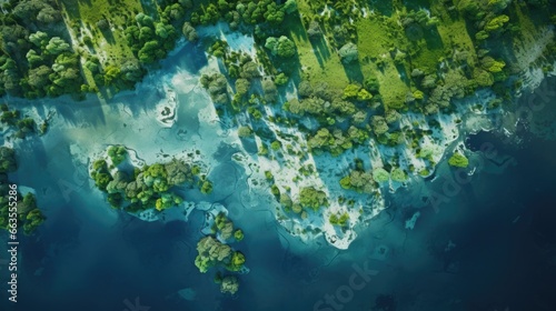 true-to-life aerial view from a tranquil lakeside with a mirrored reflection of the surrounding forest generative ai © ThisDesign